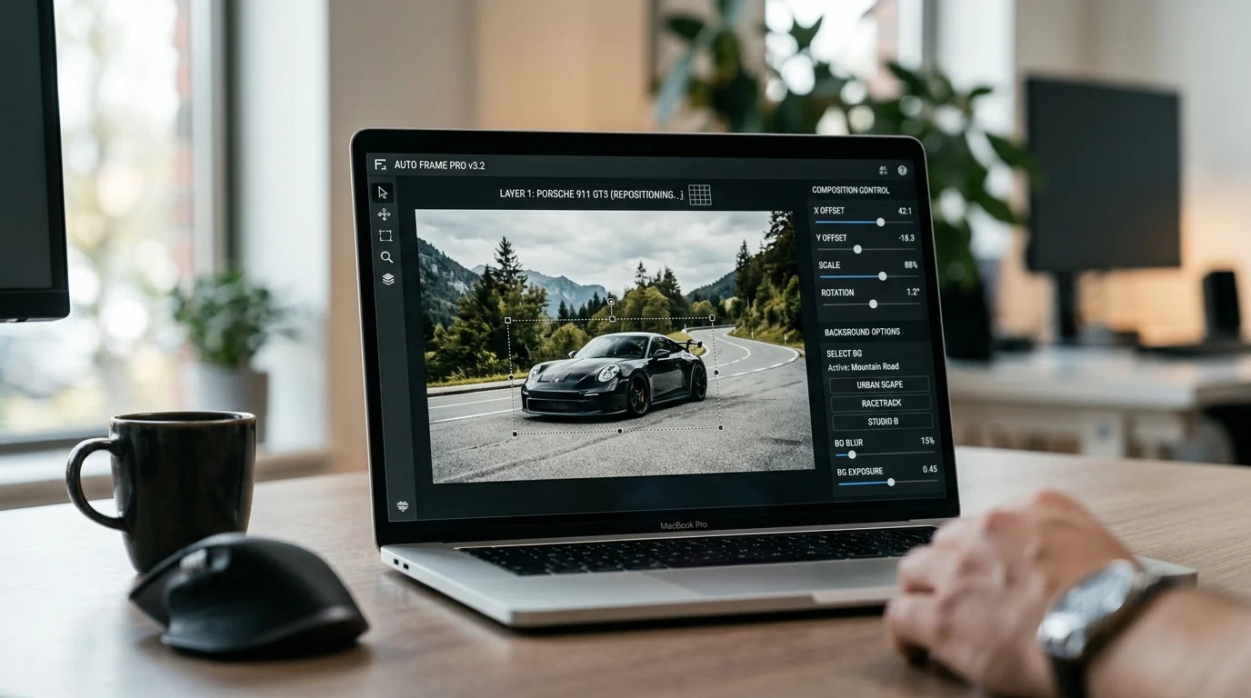 Laptop screen showing AI car photo tool adjusting composition and background