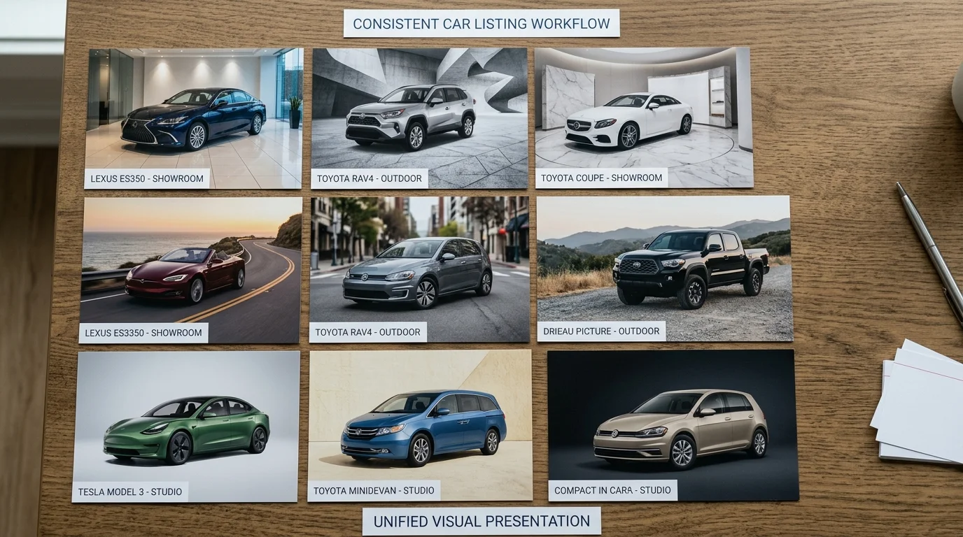 Grid of consistent car photos with harmonized AI-generated backgrounds