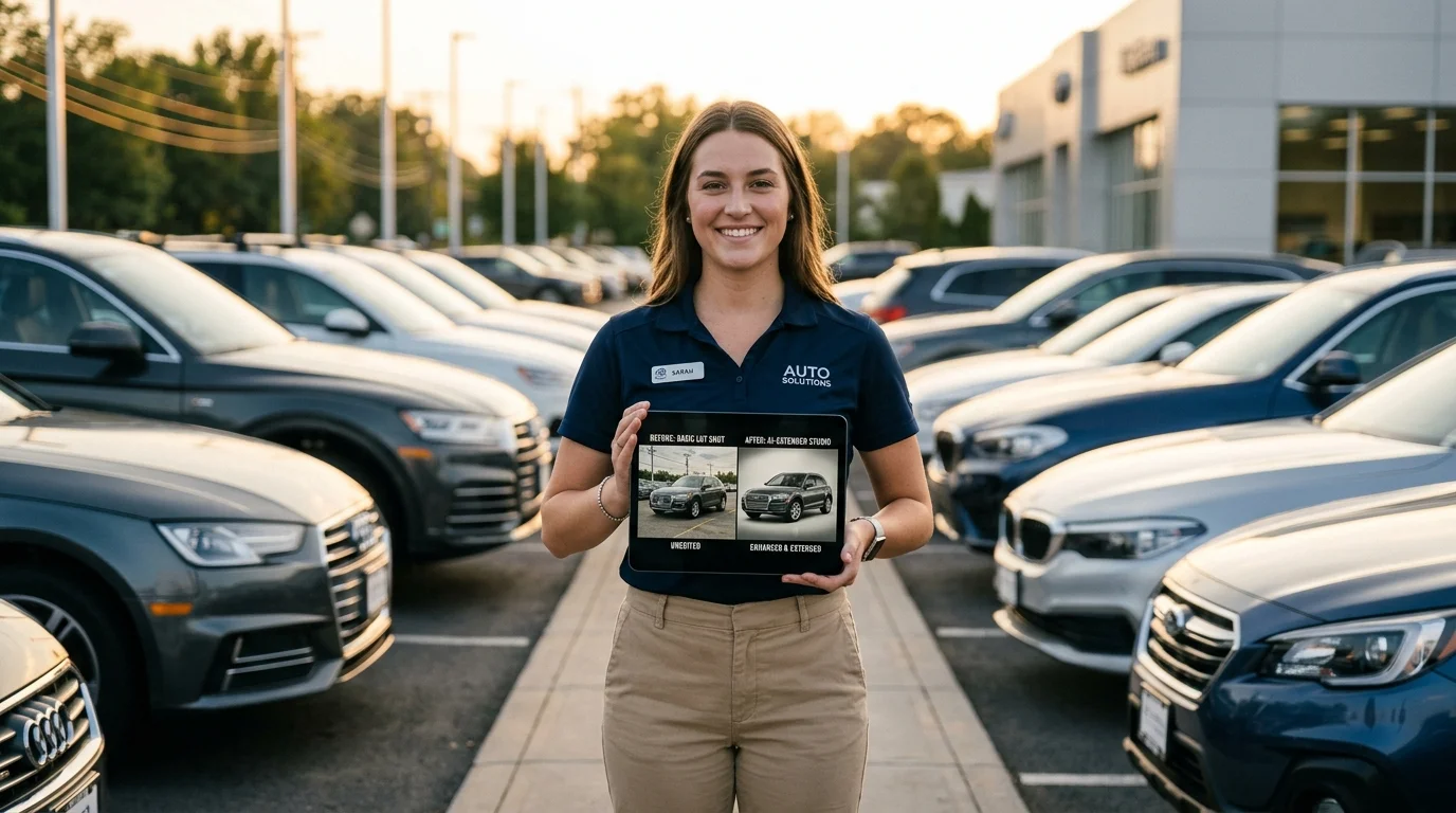 Dealer viewing before-and-after AI-extended car photos on a tablet in the lot