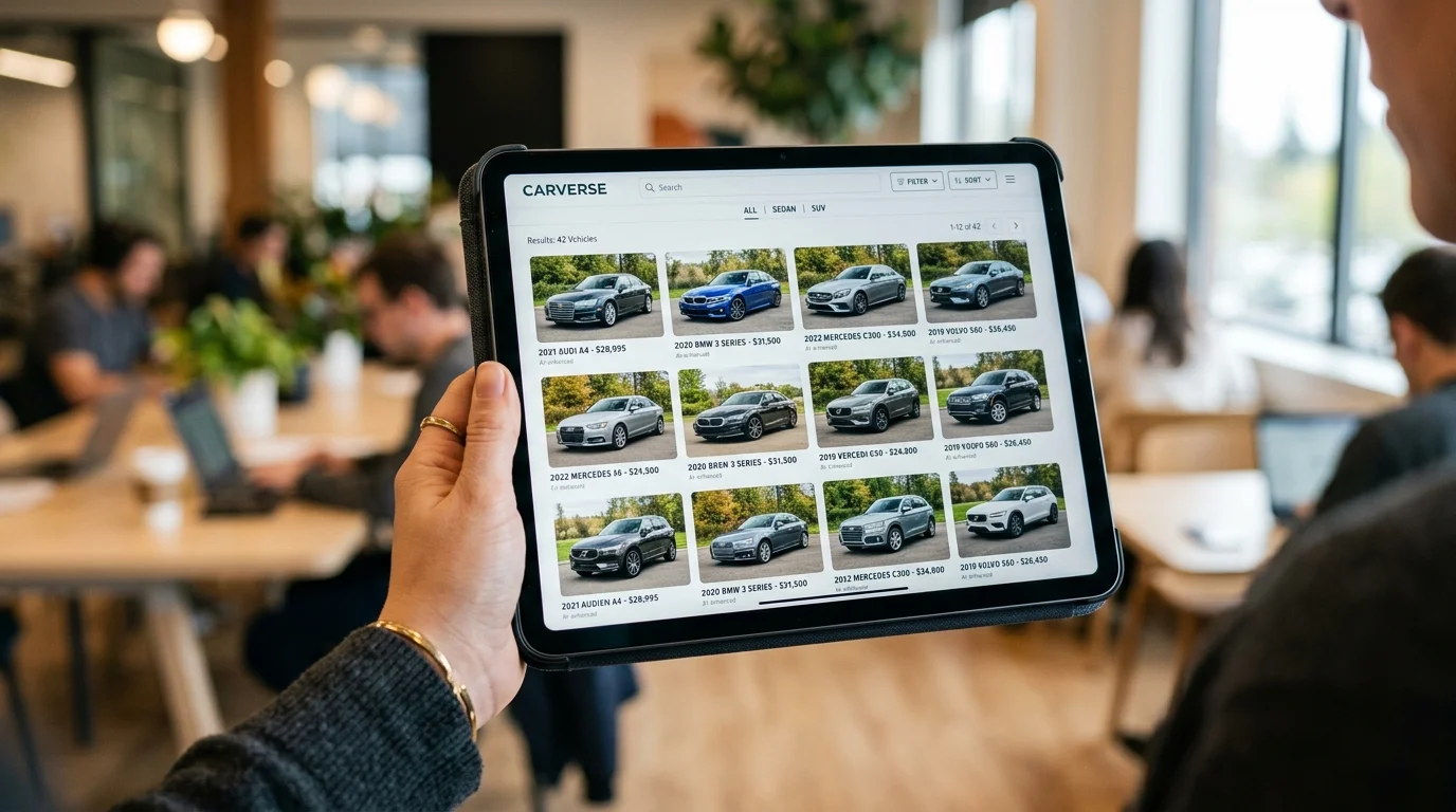 Tablet showing a vehicle listing page with consistent AI-enhanced car photos