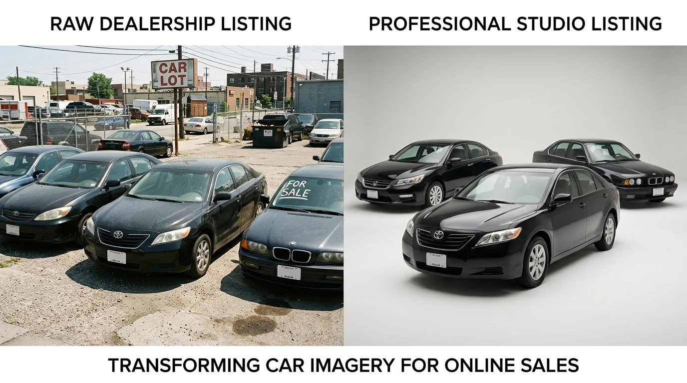 Before-and-after comparison of messy lot photos versus clean studio-style car images