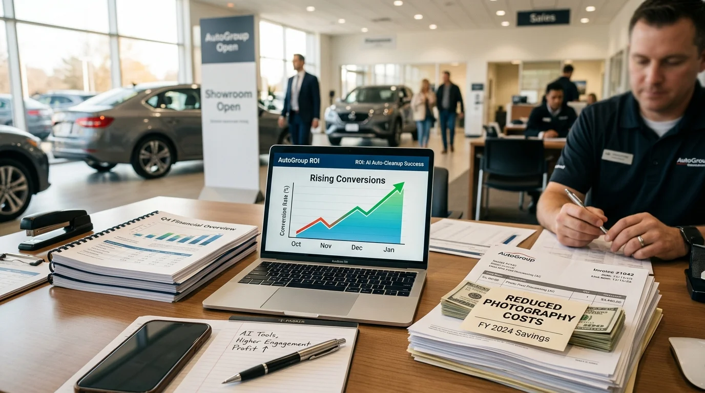 Dealership desk showing rising conversions and lower photography costs