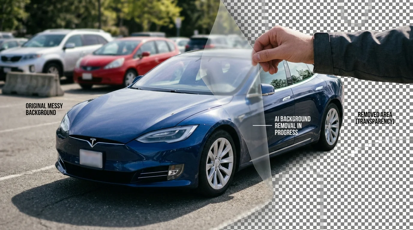 Conceptual image of a car being separated from its background to show AI background removal