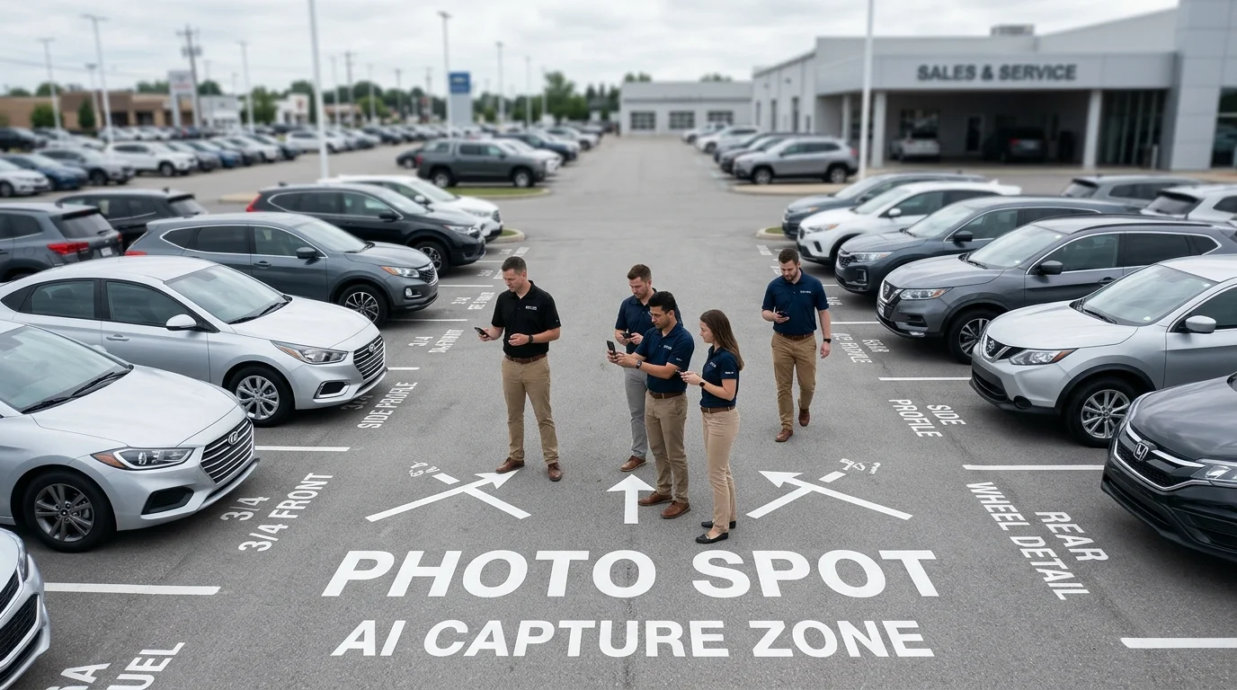 Dealership staff photographing cars in a consistent setup for AI processing
