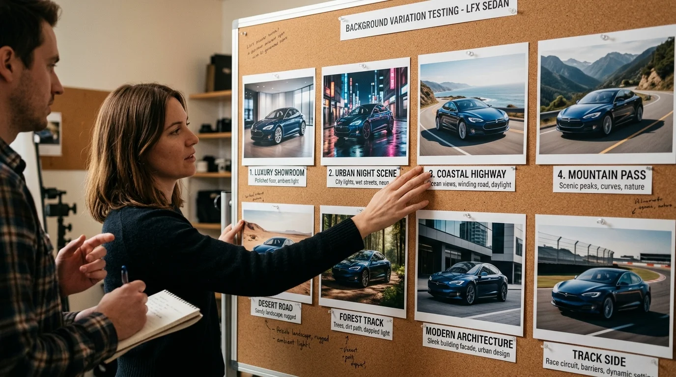 Wall display of the same car with multiple AI-generated backgrounds for comparison