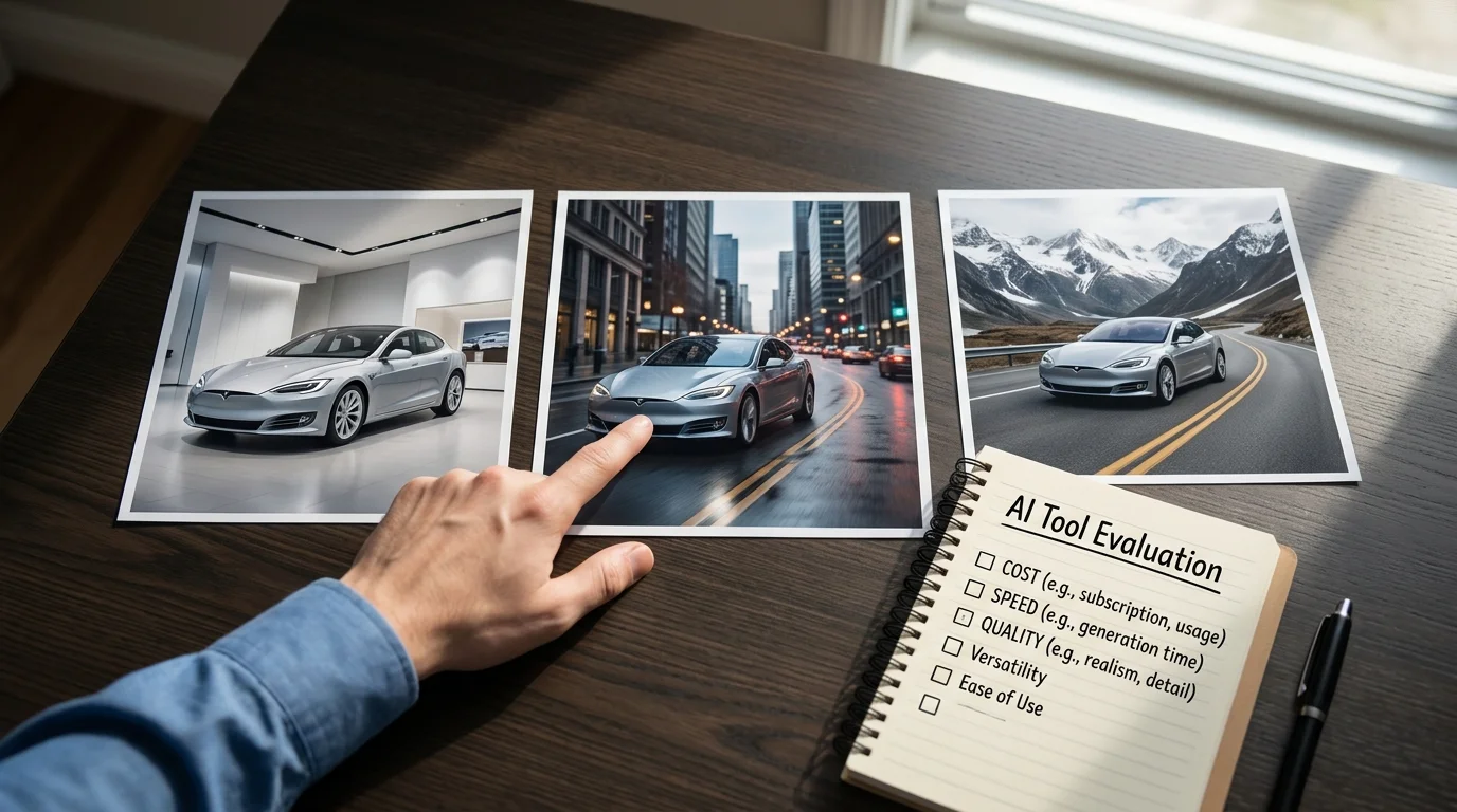 Person comparing car photos with different AI-generated backgrounds on a table