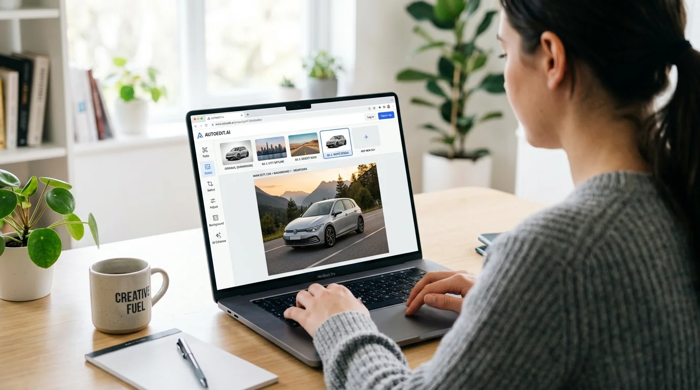Online design tool interface showing a car photo with multiple background options
