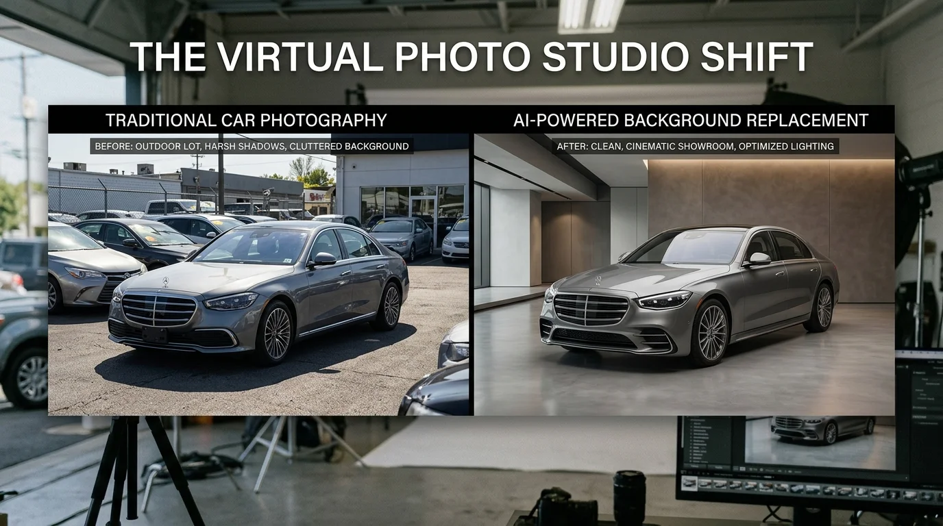 Comparison of cluttered car lot photo versus AI-enhanced studio-style car image