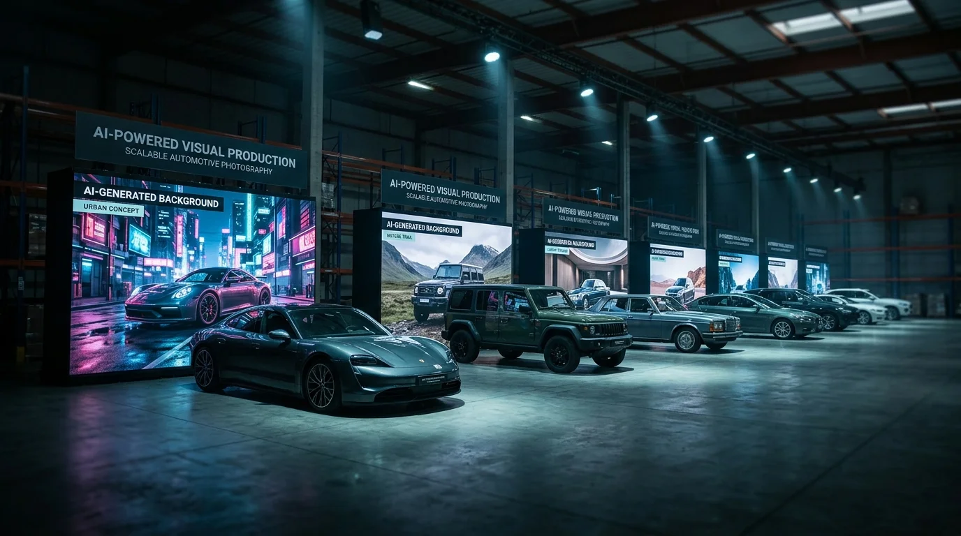 Row of cars in a warehouse with screens behind them showing AI-enhanced backgrounds