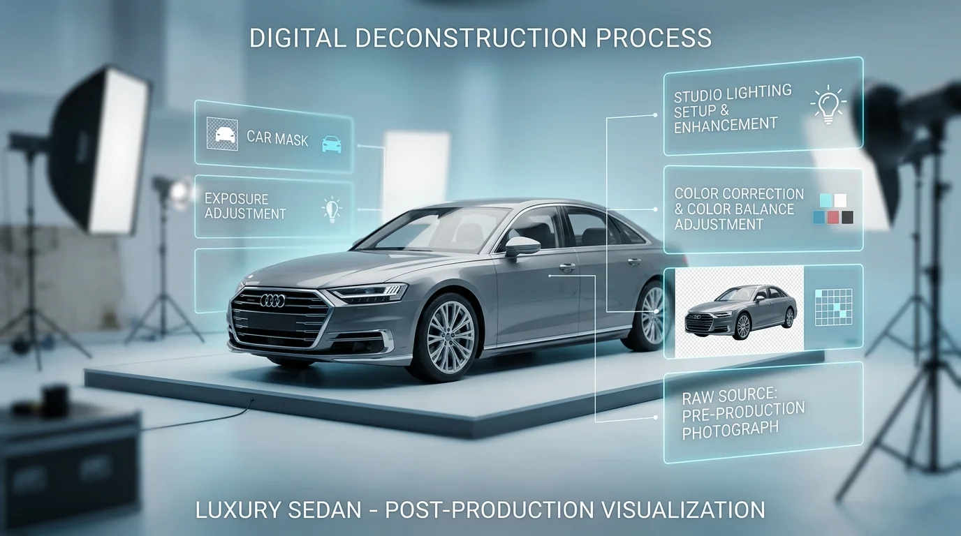 AI background removal and enhancement process for vehicle photography