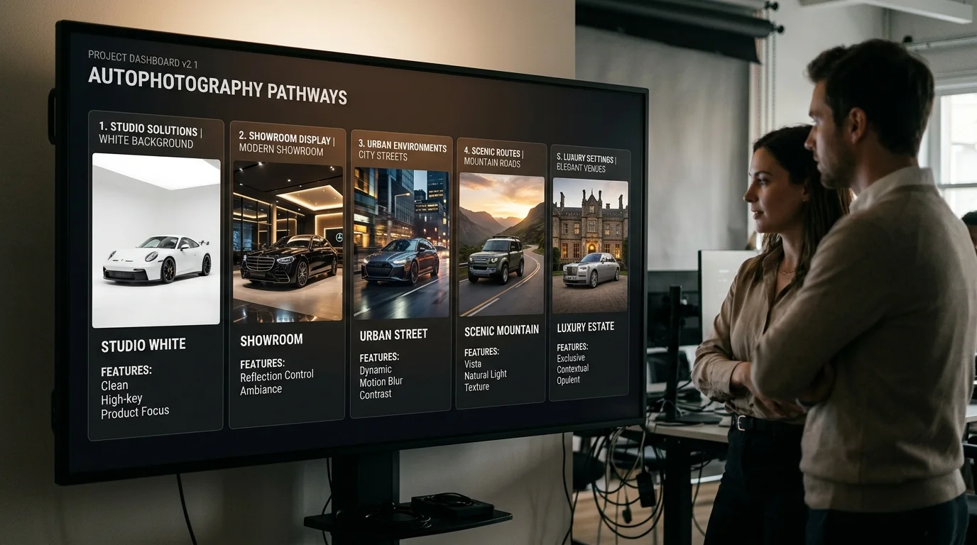 Comparison of five AI automotive photography solutions with different background options