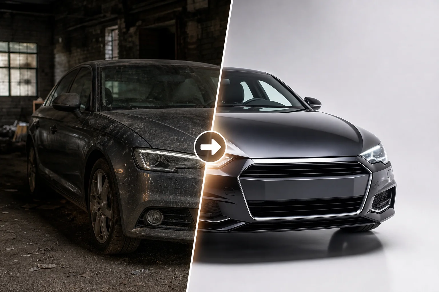 Visual metaphor showing the transformation of a car photo from a cluttered lot to a professional studio setting