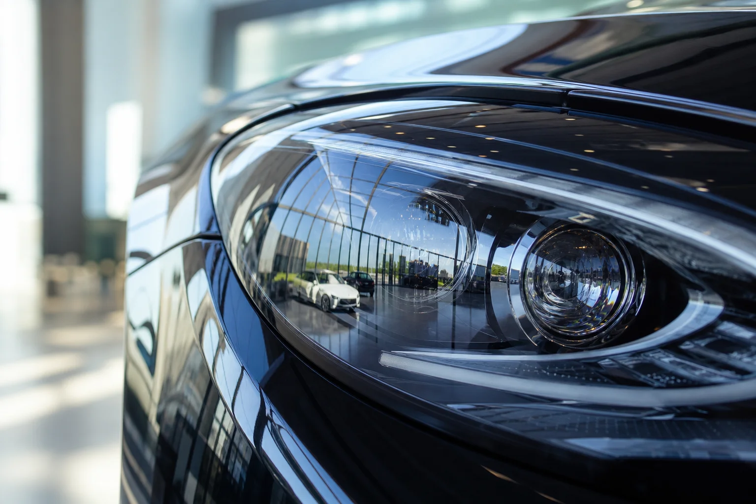 Close-up of a car headlight reflecting a professional showroom environment