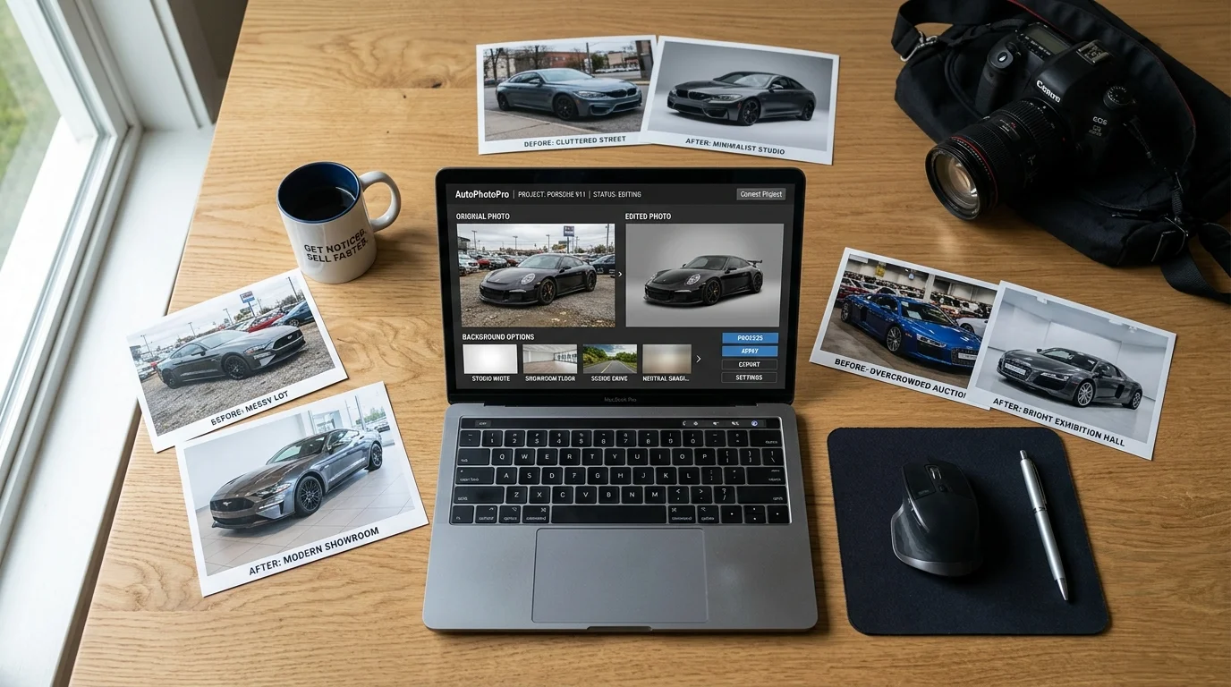 Workspace showing before and after car background removal examples