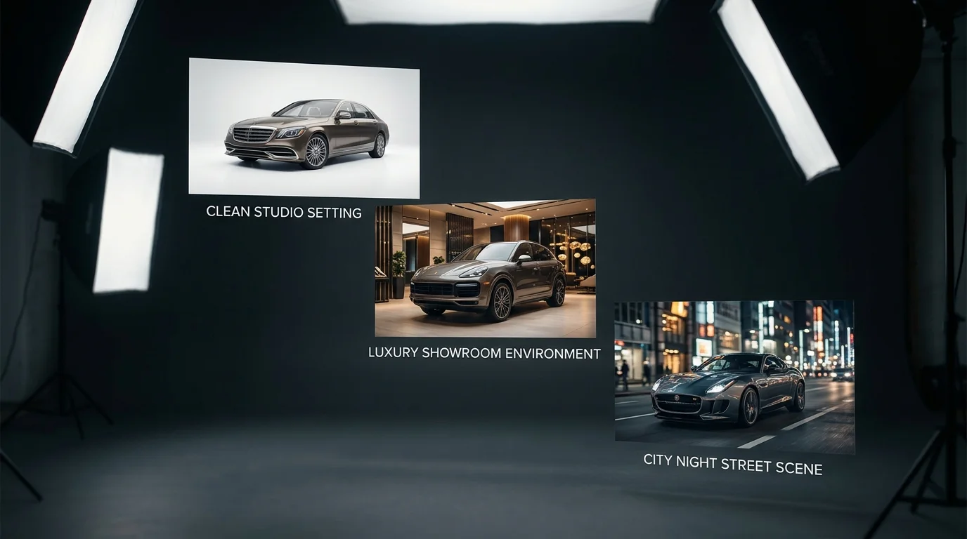 Multiple studio-quality car photos on different professional backgrounds