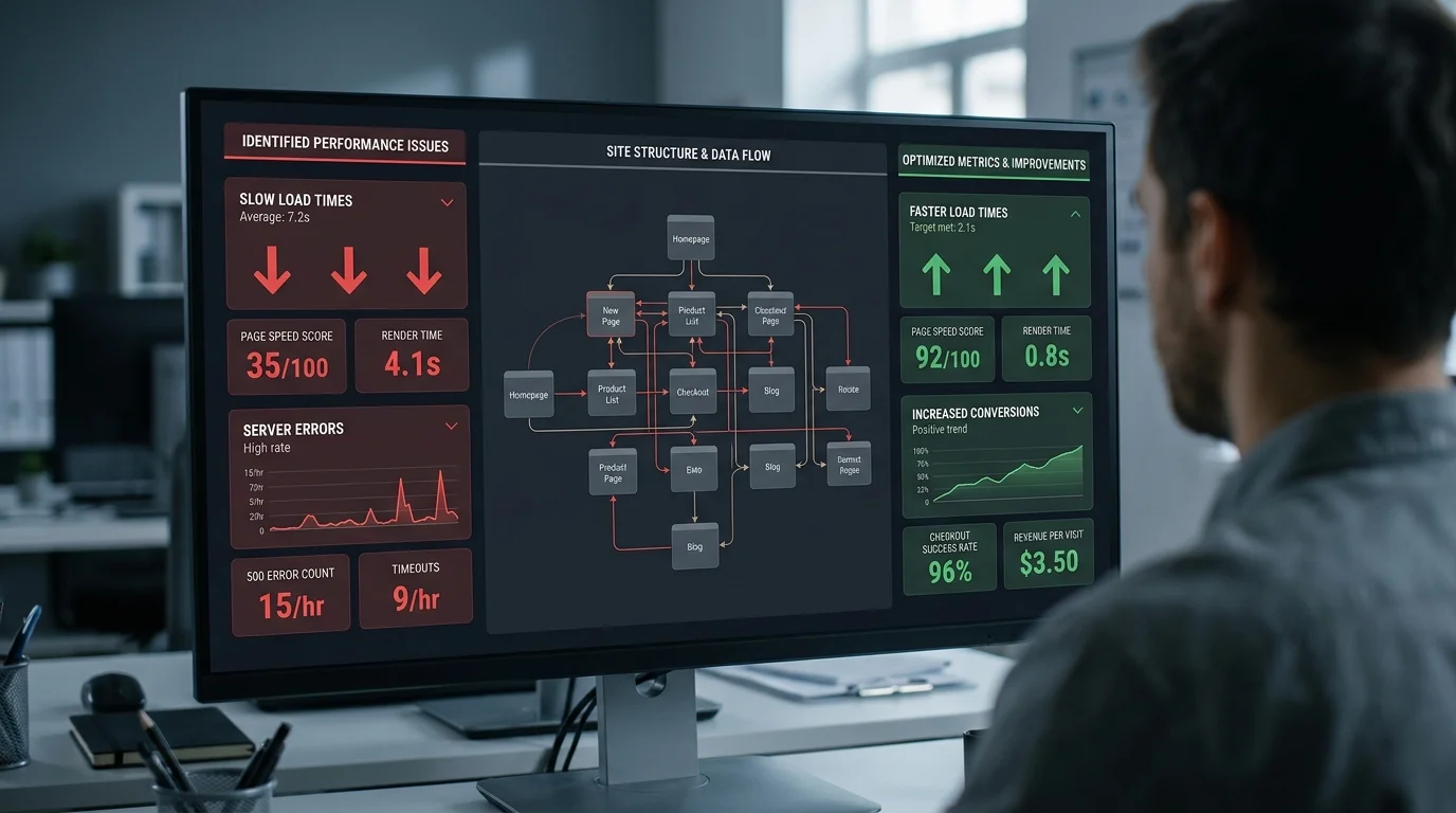 A technical performance dashboard comparing poor and optimized website metrics side by side