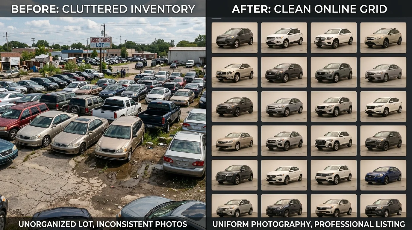 A before-and-after comparison of inventory presentation: cluttered lot photos versus professional studio-quality images