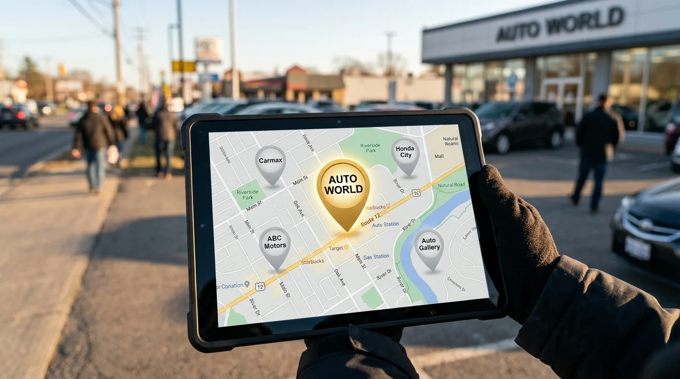 A car dealership location highlighted prominently on a local search map with competitors faded in the background