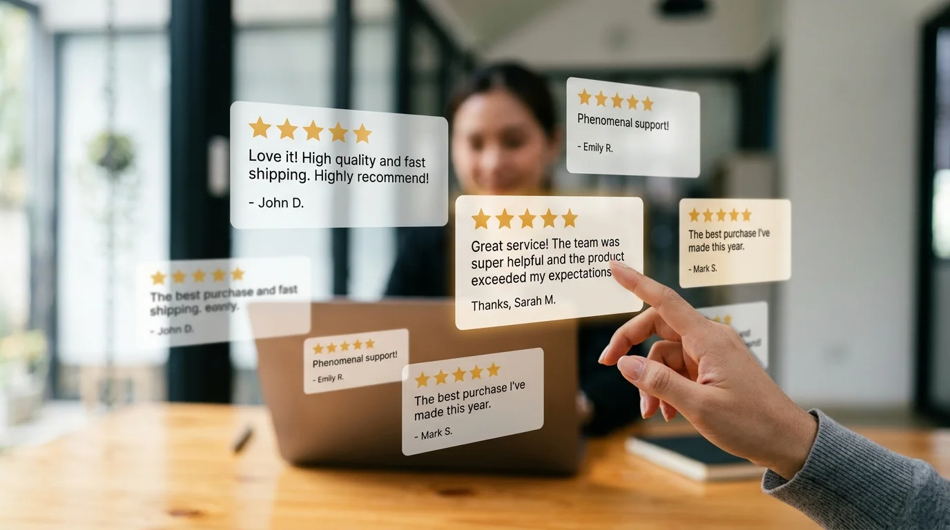 Customer review cards with five-star ratings displayed in an interactive, three-dimensional arrangement