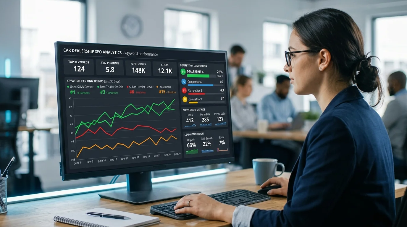 An SEO analytics dashboard displaying keyword rankings, competitor positions, and conversion metrics