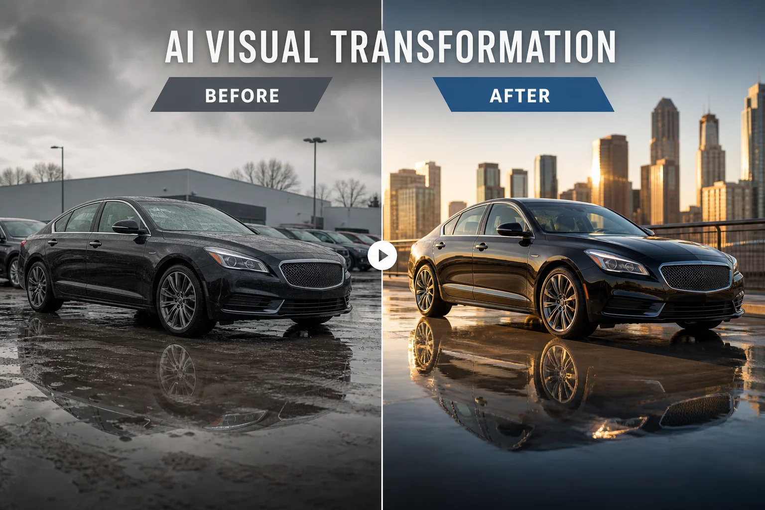 AI transformation of car photo from messy lot to professional urban scene