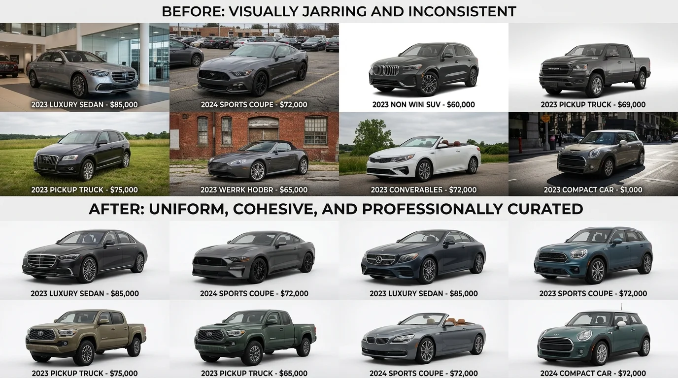 Before-and-after comparison of inconsistent versus consistent background treatment in dealership listings