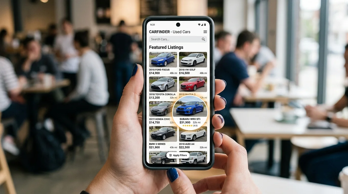Mobile marketplace grid showing circular-cropped car image standing out among rectangular listings