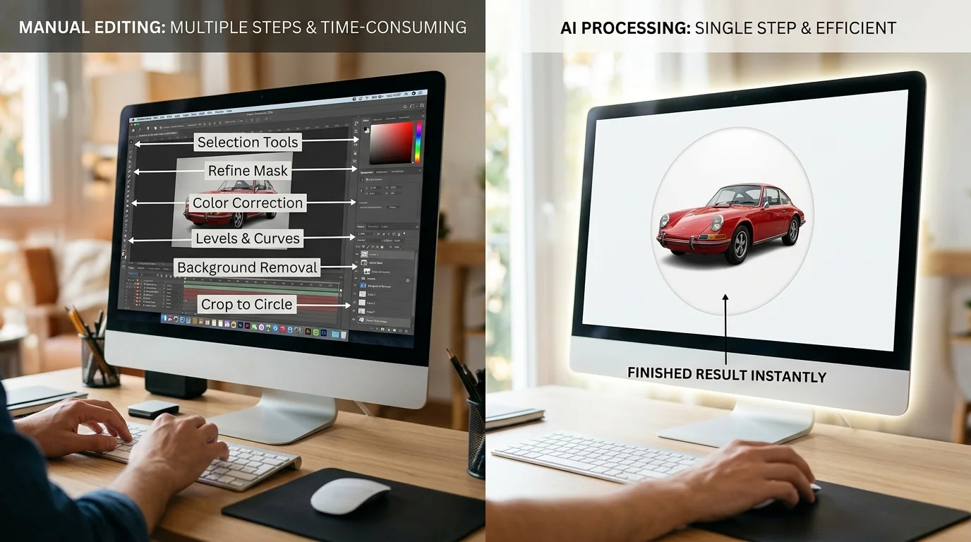 Comparison of manual editing workflow versus AI batch processing efficiency