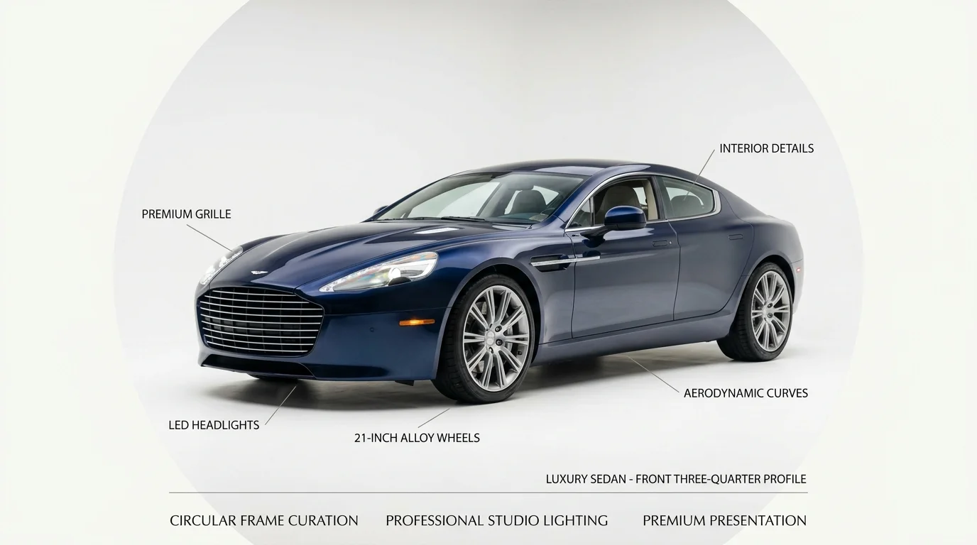 Circular-cropped luxury car image with professional studio background and lighting