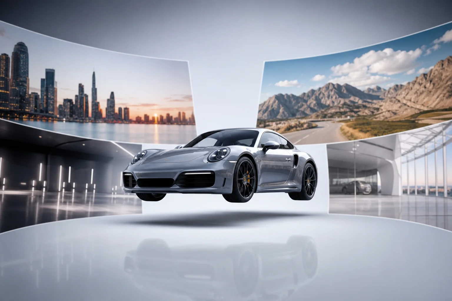 Conceptual photography of a car with multiple AI-generated background options orbiting around it, representing instant scene replacement