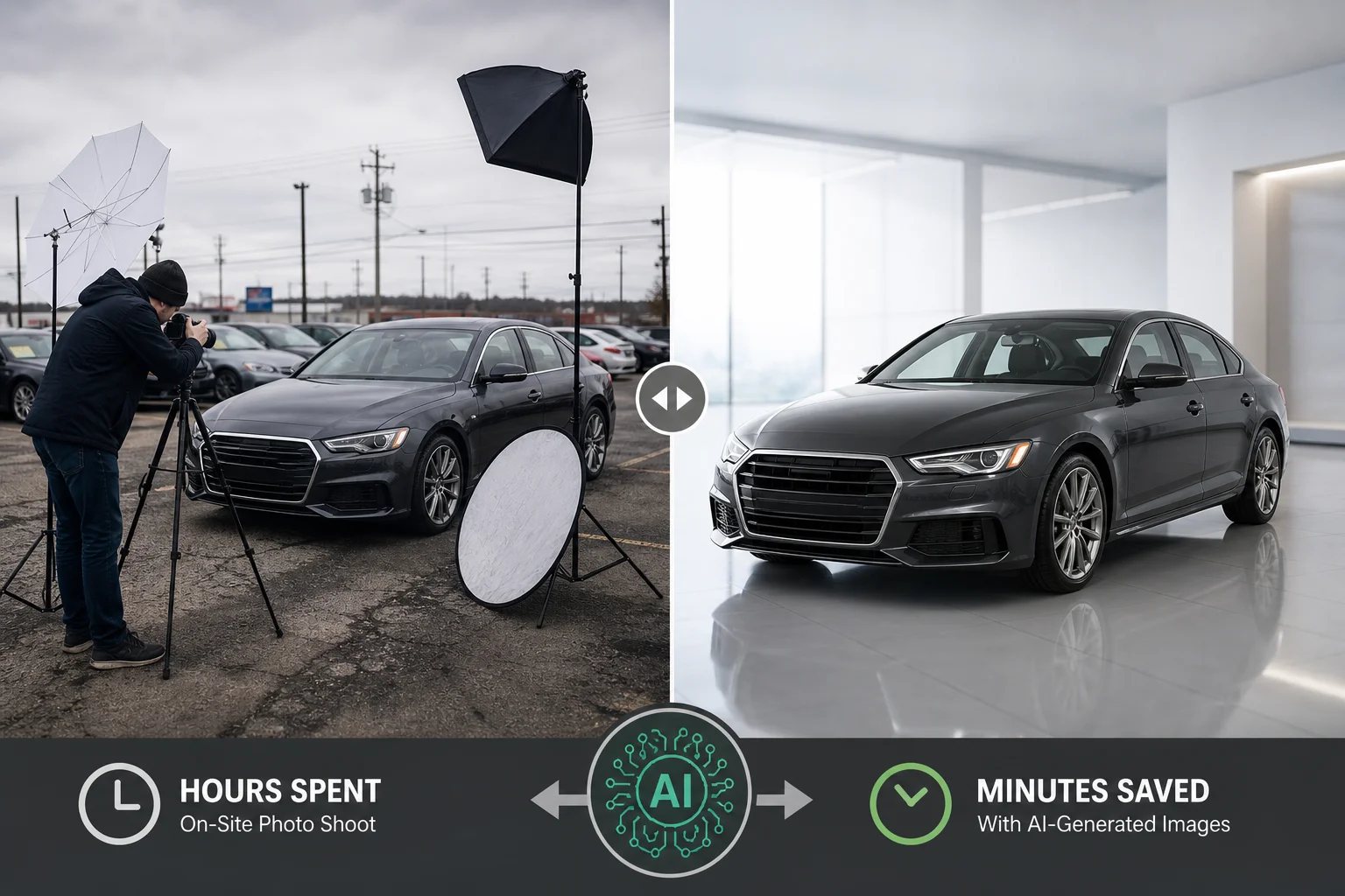 Split image comparing traditional car photo shoot setup versus AI-generated studio-quality output