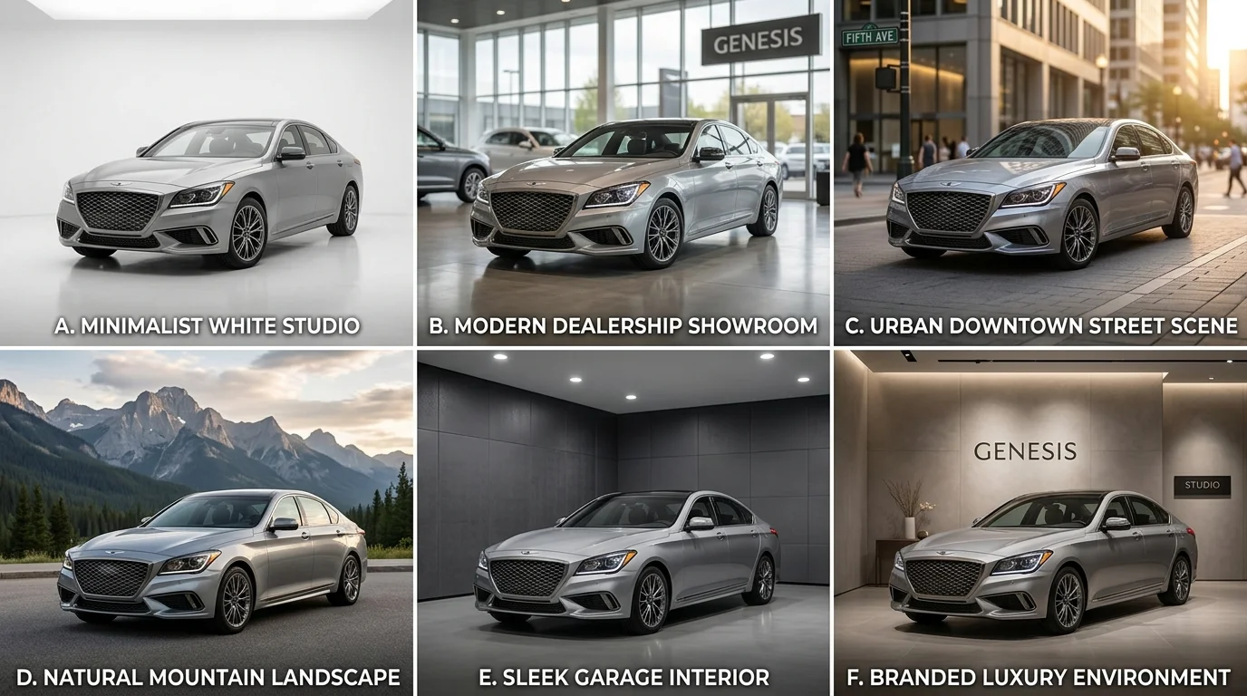 Same vehicle displayed against six different professional backgrounds showing transparent background flexibility