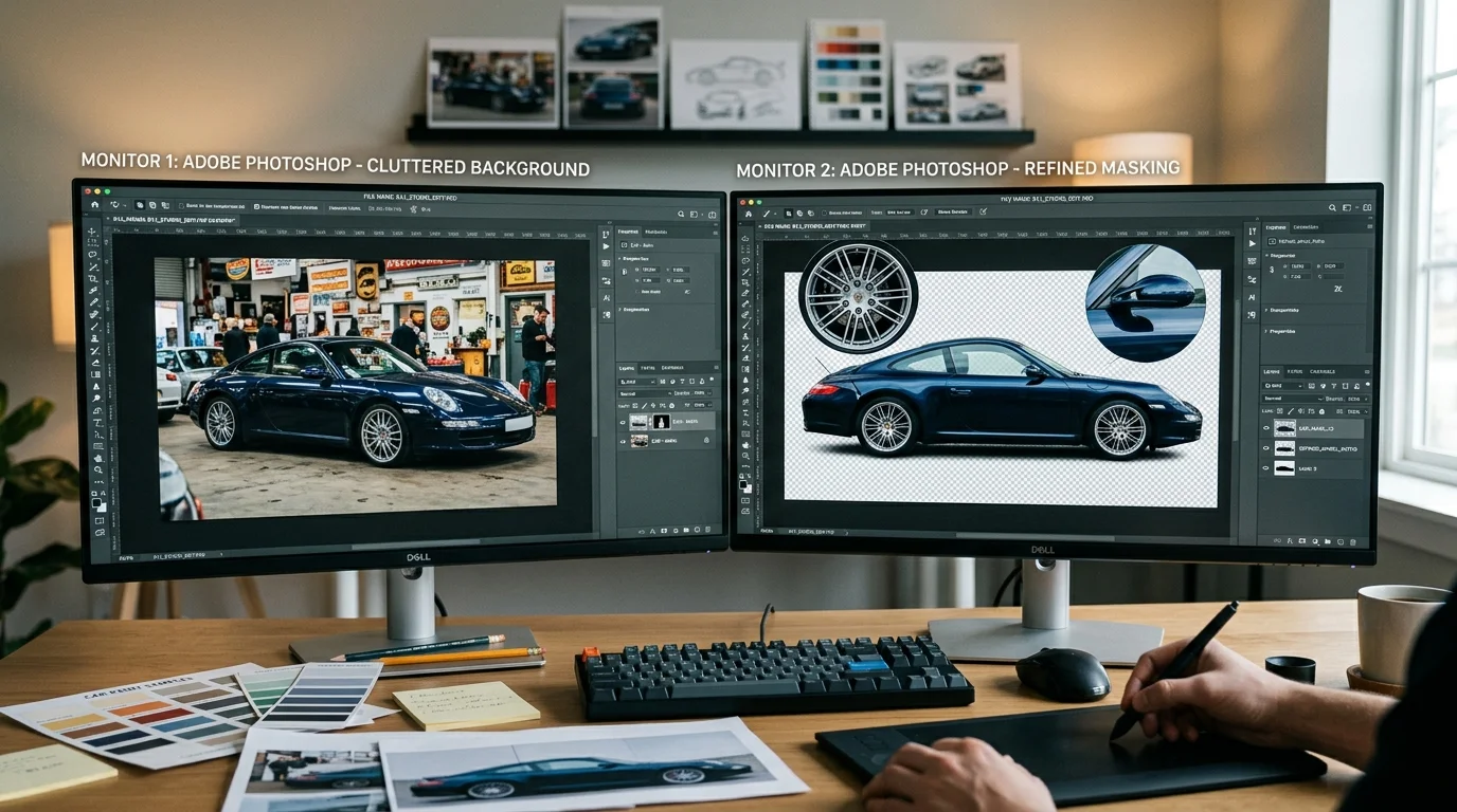 Designer working on manual background removal using Photoshop layer masks and selection tools