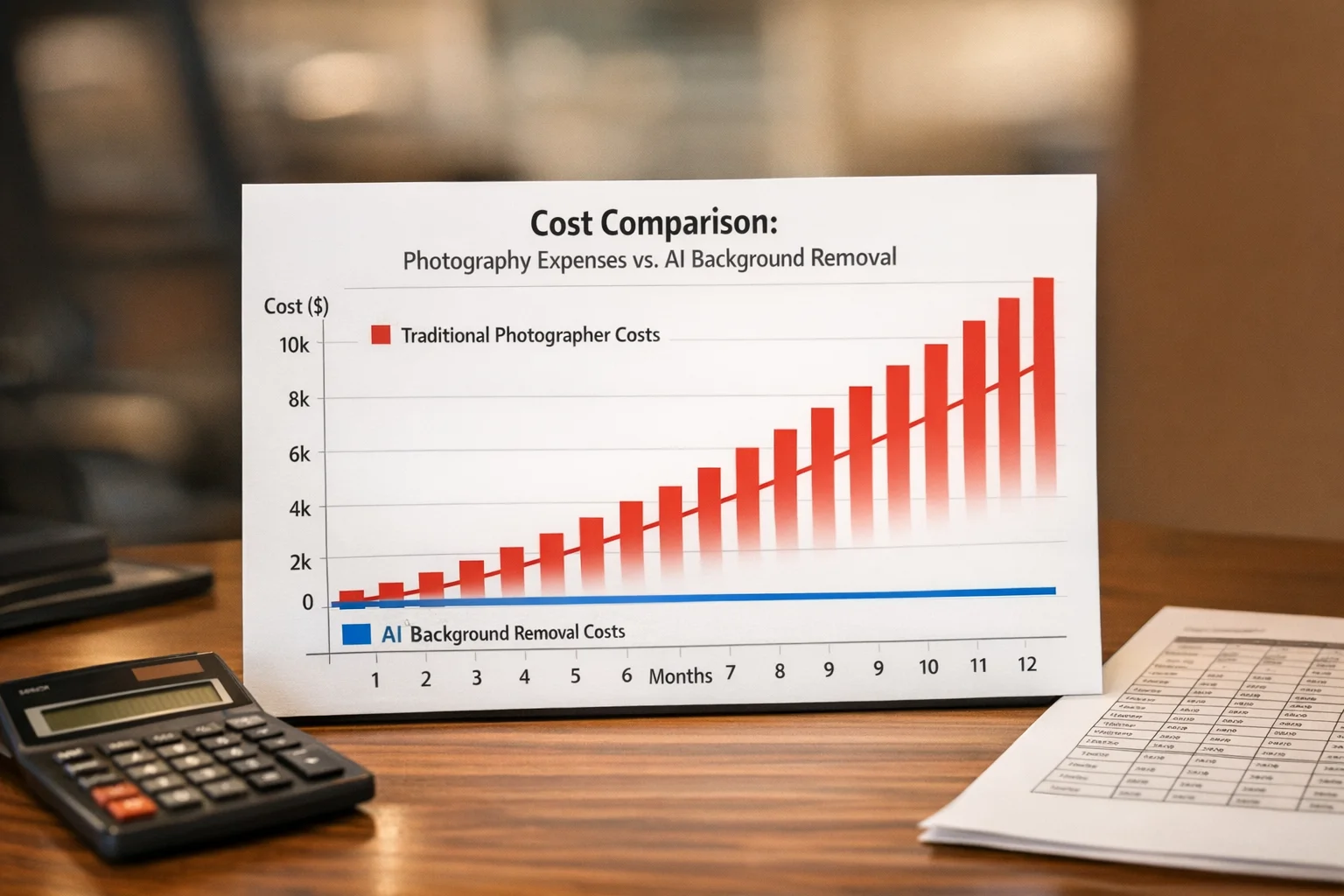 Cost comparison chart showing AI background removal savings versus traditional photographer expenses over 12 months