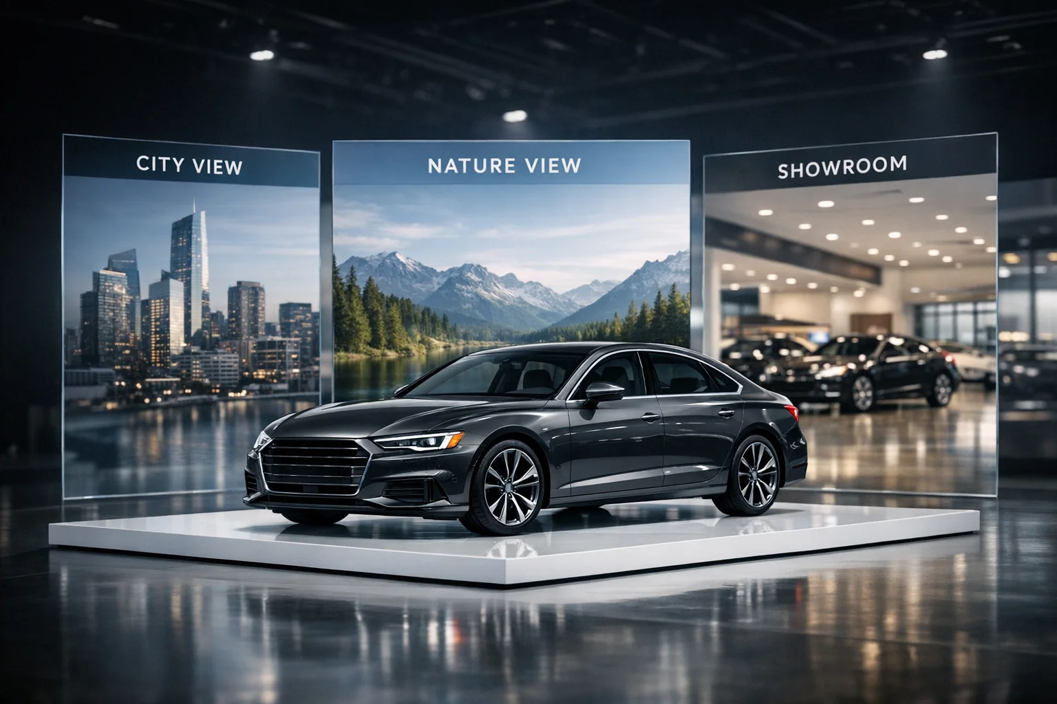Luxury car displayed on transparent platform with multiple background options visible simultaneously, representing AI background removal flexibility