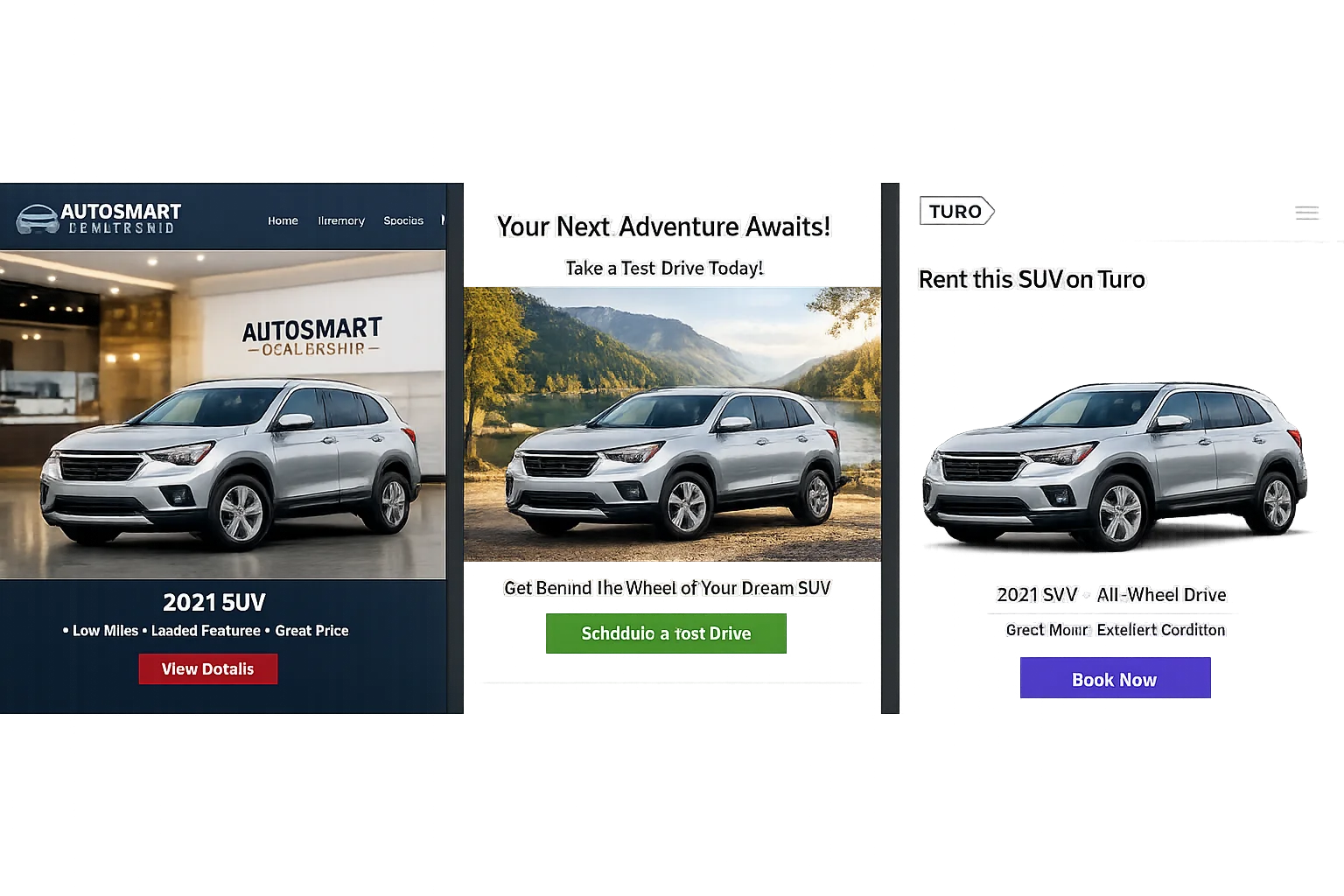 Transparent car image deployed across website listing, email campaign, and Turo profile in different contexts