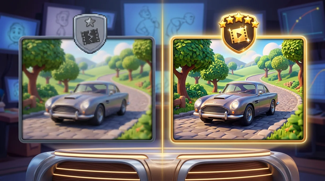 Comparison of low-resolution versus 4K professional-quality car photos showing the importance of export resolution