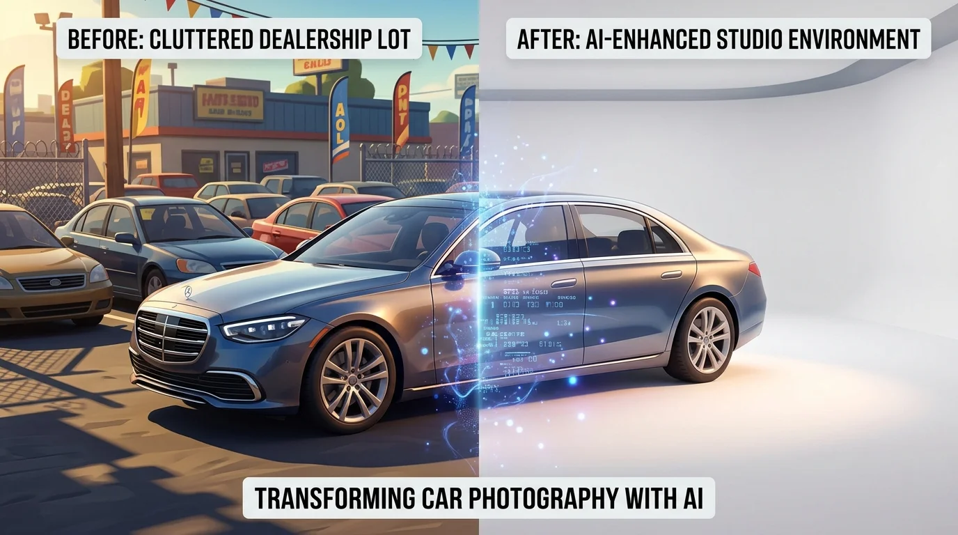 Split-screen comparison showing a car photo transformed from cluttered lot setting to professional studio backdrop using AI expansion