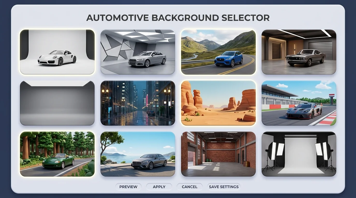 Grid of professional background options available in AI photo expansion tools for automotive imagery