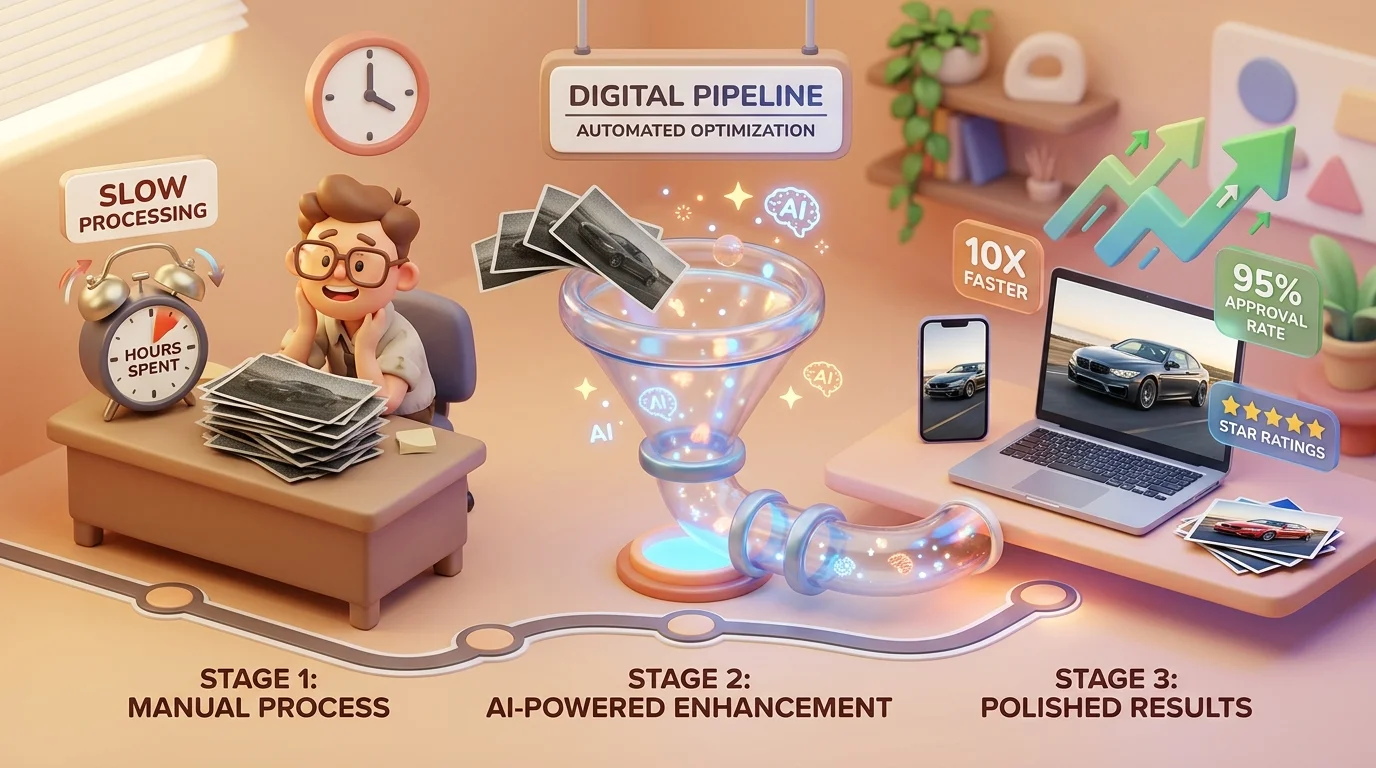 Visual timeline showing the transformation from raw photos to professional results using AI photo expansion workflow