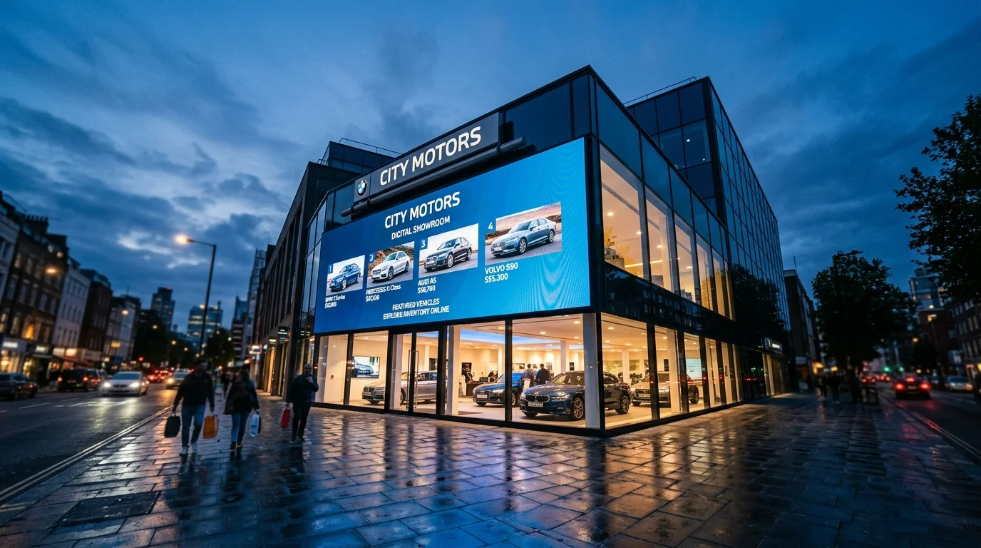 Modern car dealership building representing strong online presence for auto dealers