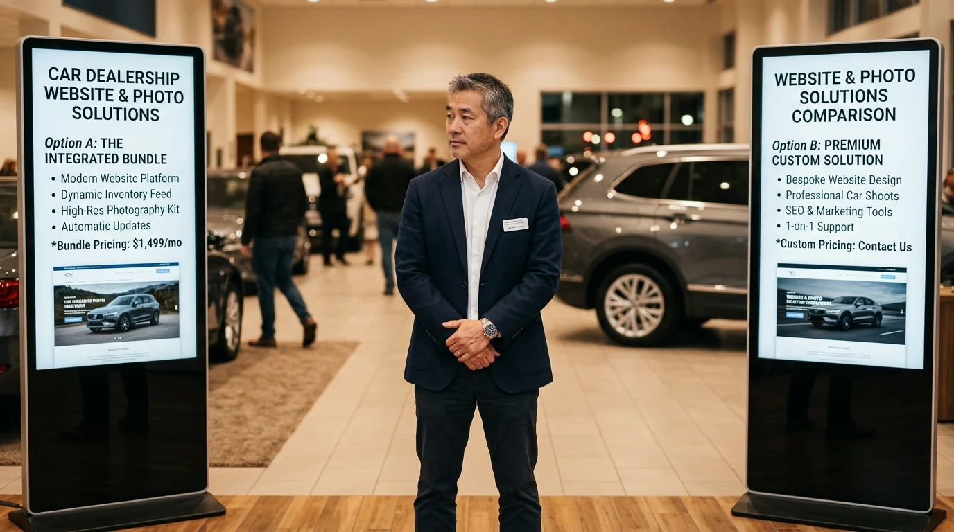 Dealer comparing different website and AI photo solution options
