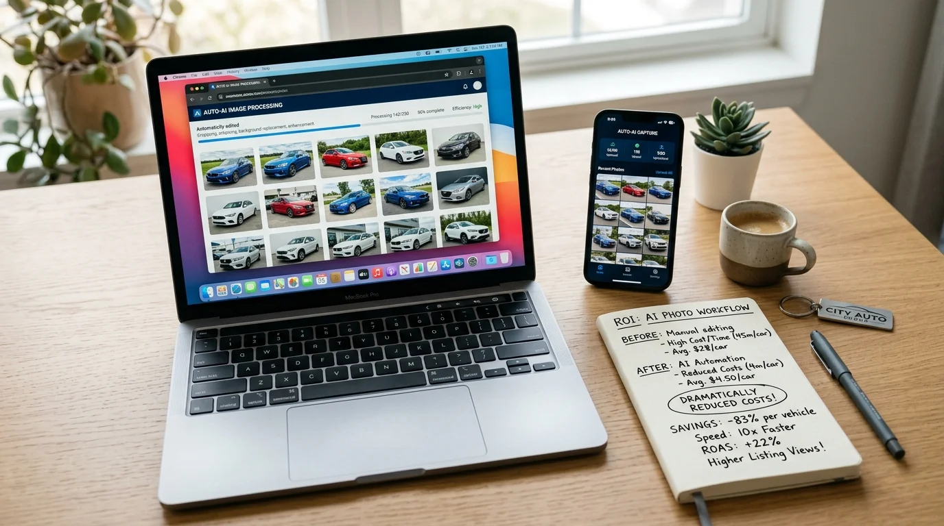 Workspace showing AI car photo workflow and reduced photography costs for dealers