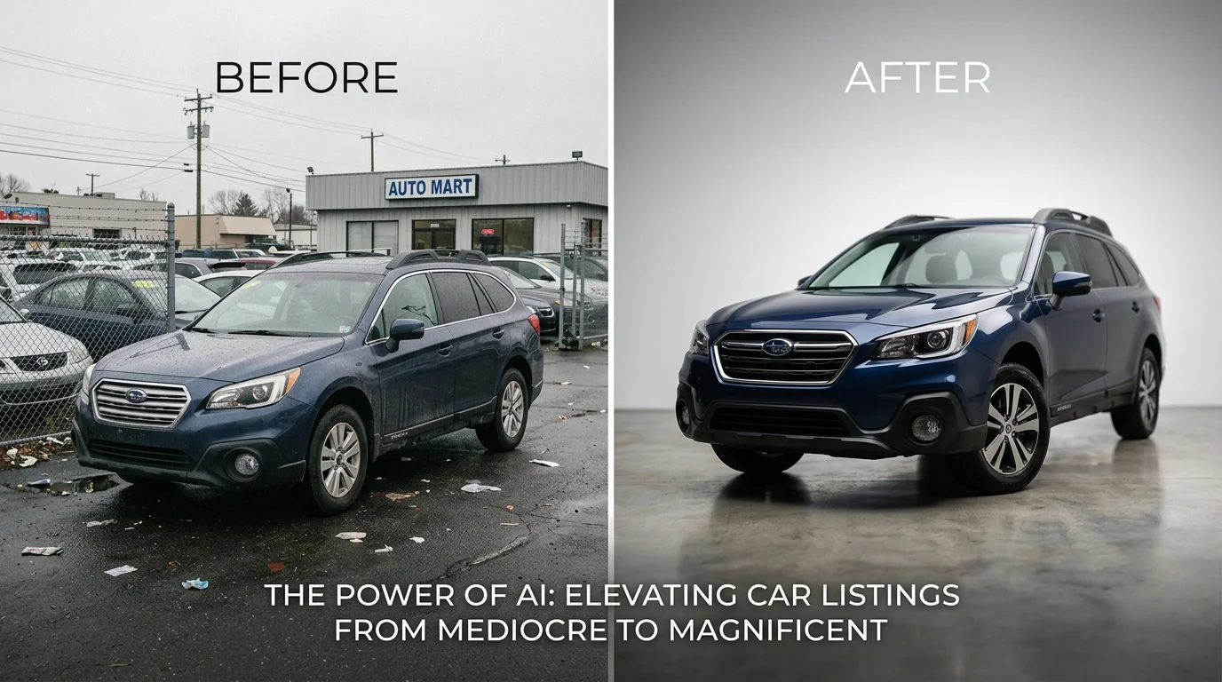 Before and after comparison of car lot photo versus AI-enhanced studio-style image