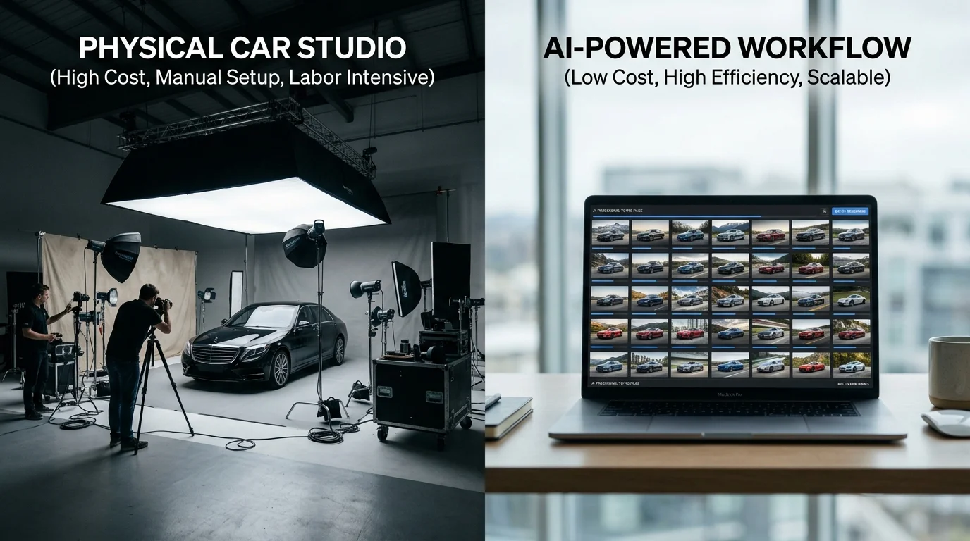 Contrast between a costly car photo studio and a simple AI-based car photo workflow on a laptop