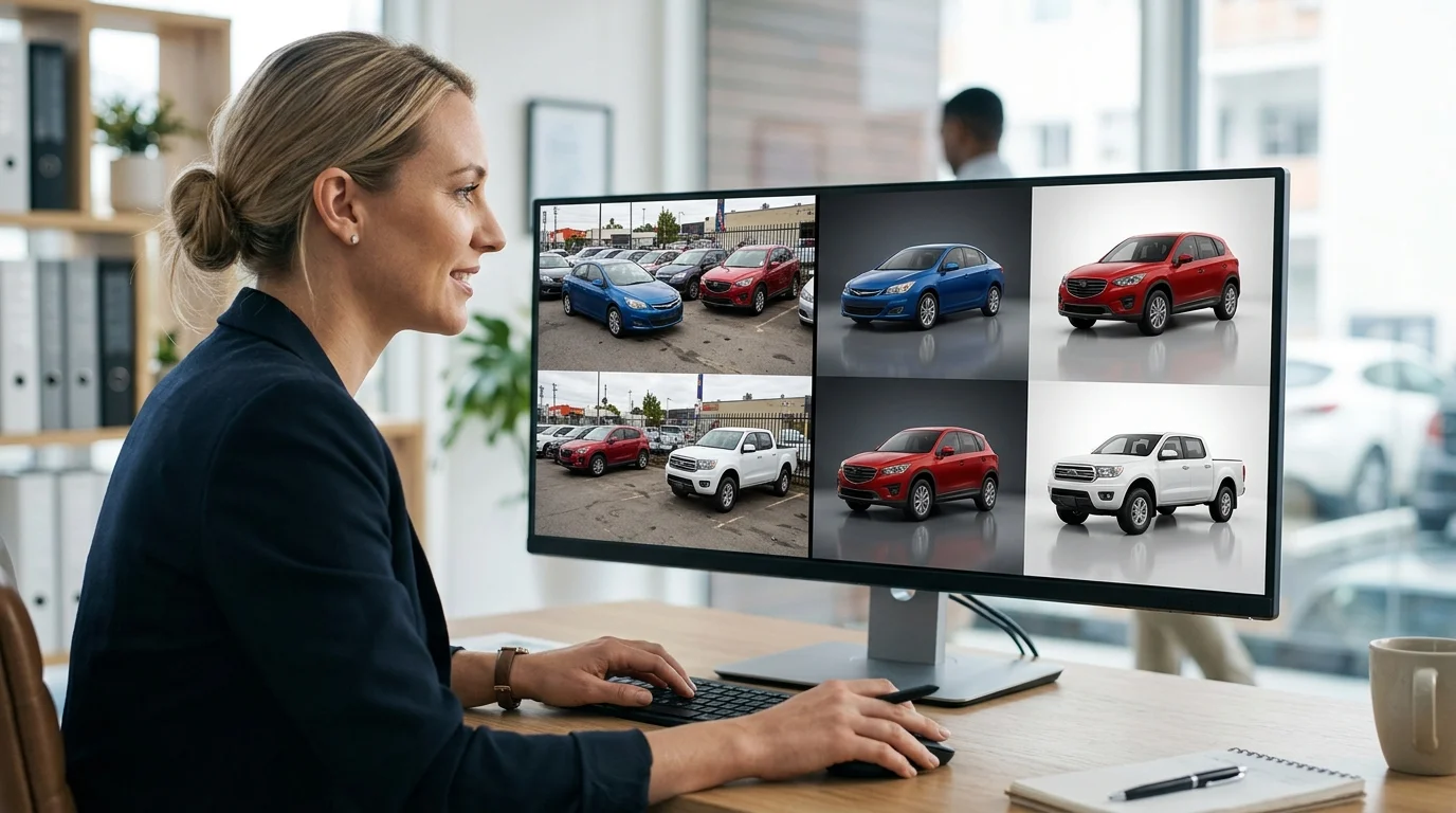 Dealer comparing original lot photos to AI-enhanced car photos with professional backgrounds on a monitor