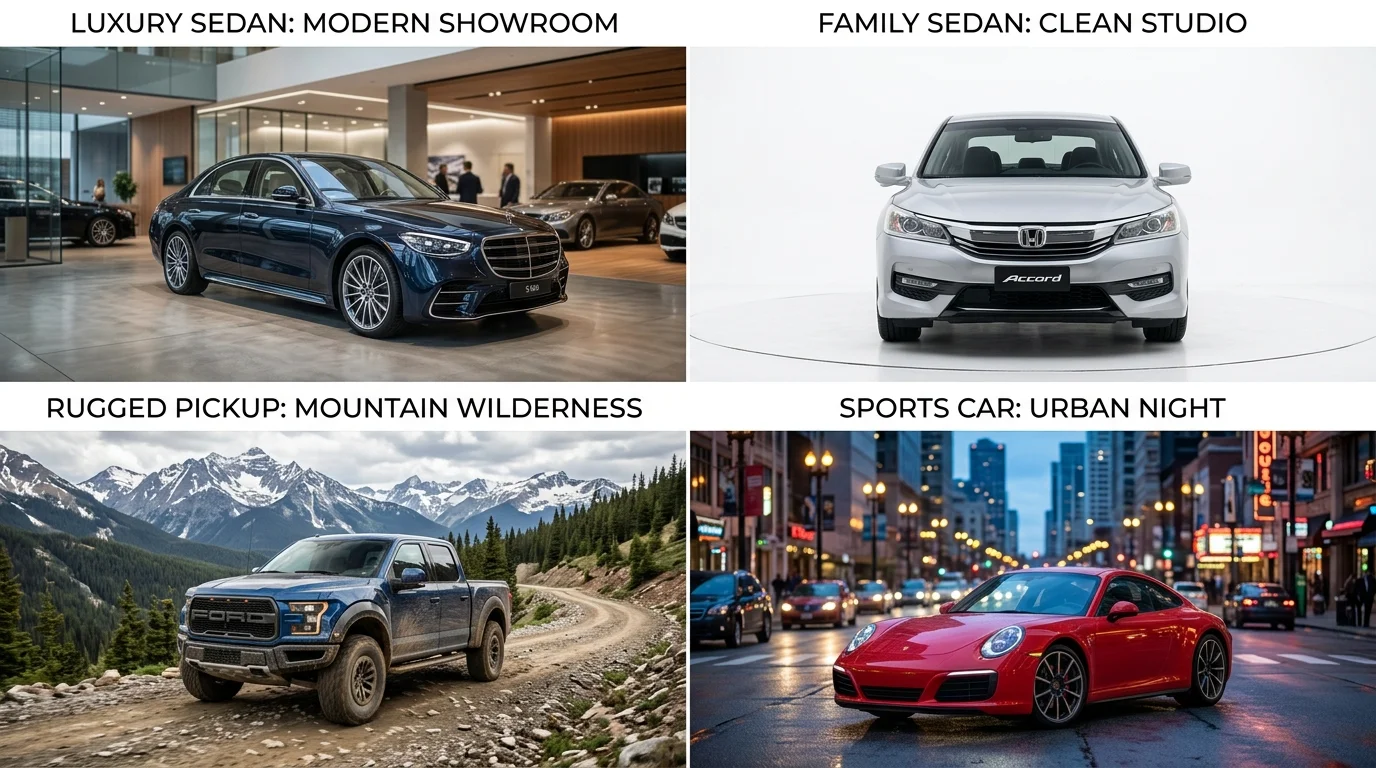 Different cars shown on tailored backgrounds to match their target buyers and positioning