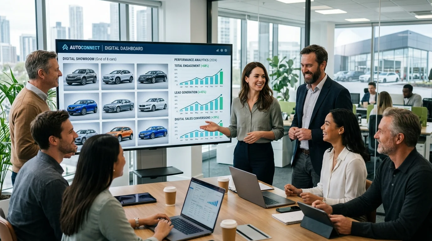 Dealership team reviewing consistent AI-enhanced car photos and performance metrics on a large screen