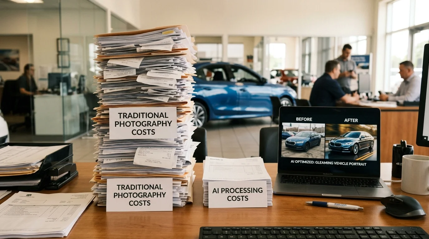 Visual comparison of high traditional photography costs versus lower AI processing costs for car images