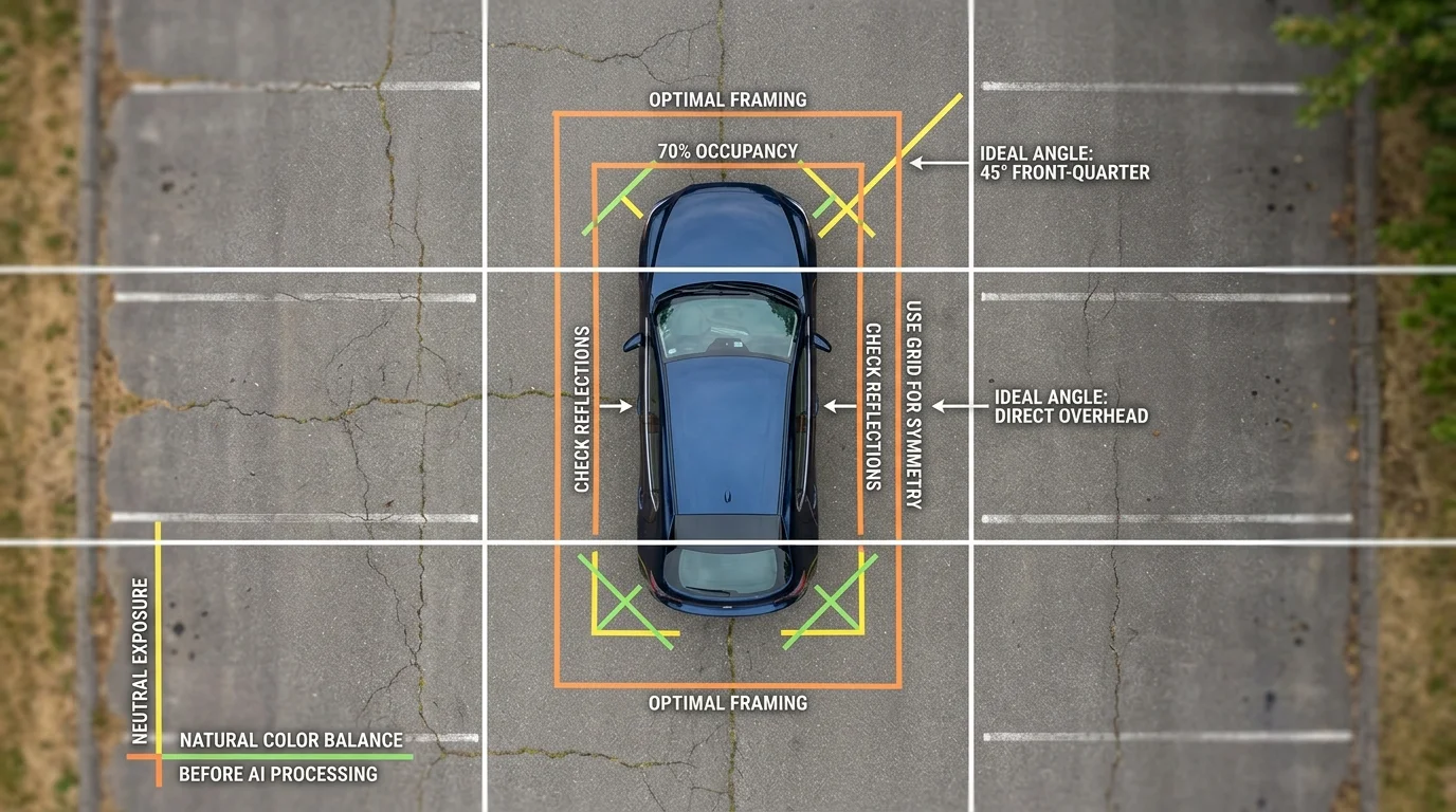 Top-down view showing ideal positioning and framing of a car for AI photo processing